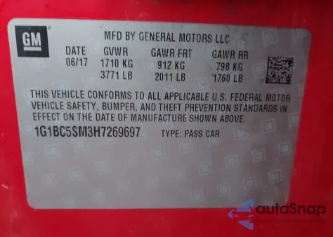 2017 Chevrolet Cruze Ls Auto из США, поврежденный, VIN 1G1BC5SM3H7269697